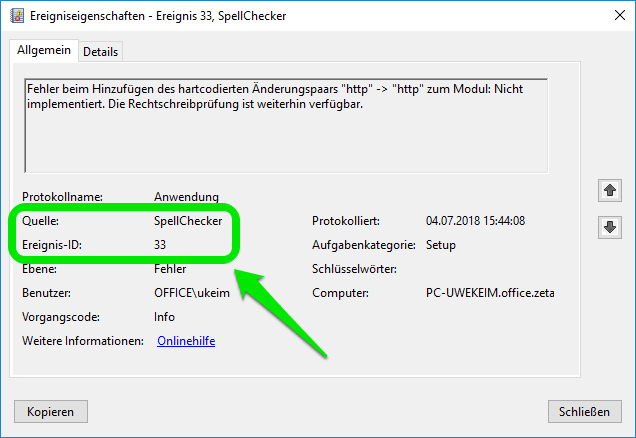 Detailansicht eines Ereignisses der Windows-11-Ereignisanzeige Bildschirmfoto der Ereignis-Detailansicht in Windows 11