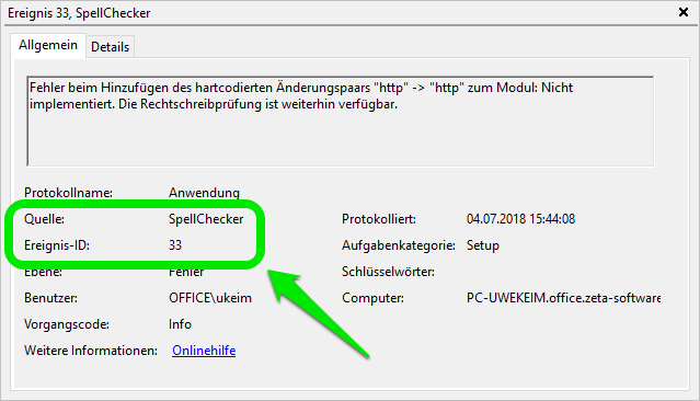 Detailbereich eines Ereignisses in der Windows-11-Ereignisanzeige Bildschirmfoto-Ausschnitt der Windows-11-Ereignisanzeige